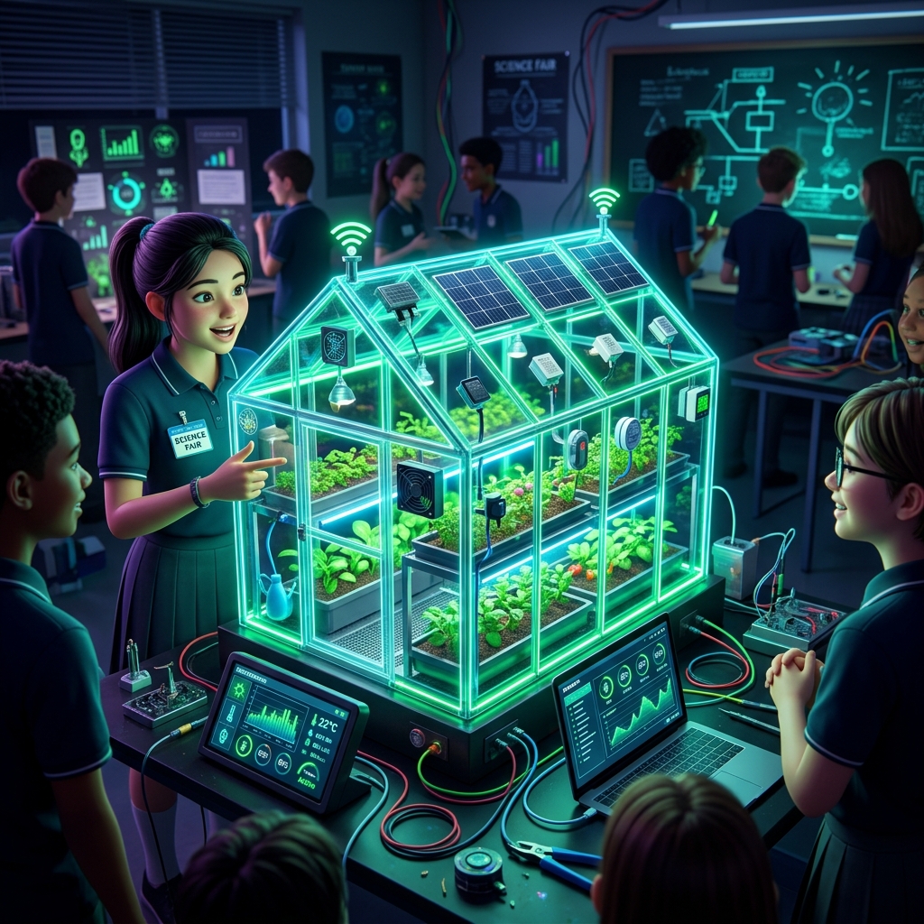 Estudantes apresentando projeto de IoT na feira de ciências