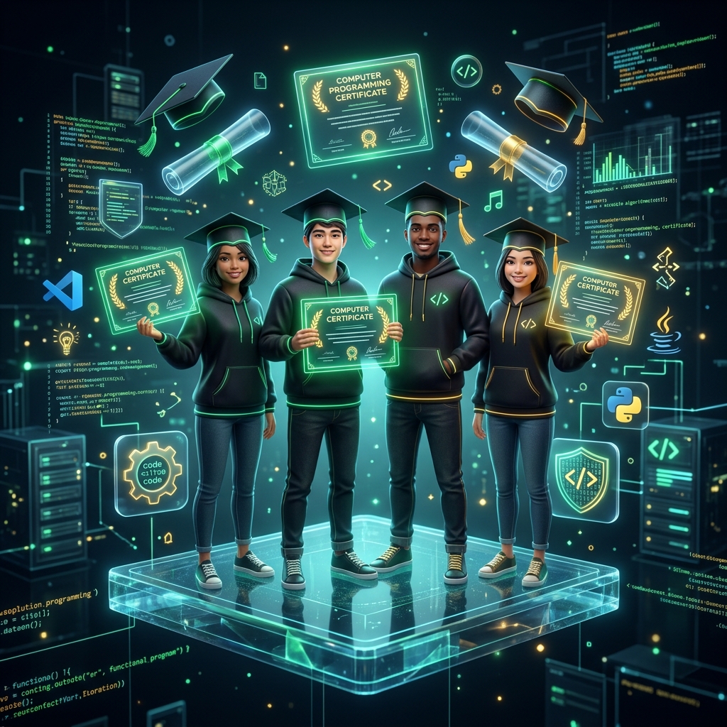 Estudantes recebendo certificados de informática e robótica